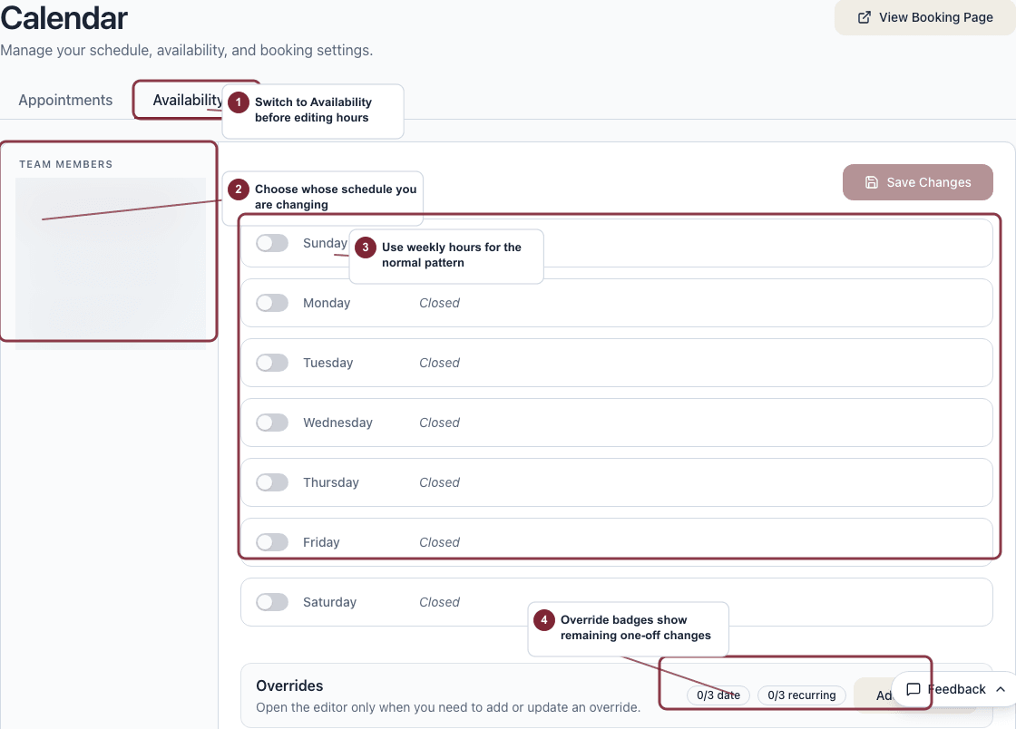 Calendar Availability tab with a team member list, weekly hours, and override limits highlighted.
