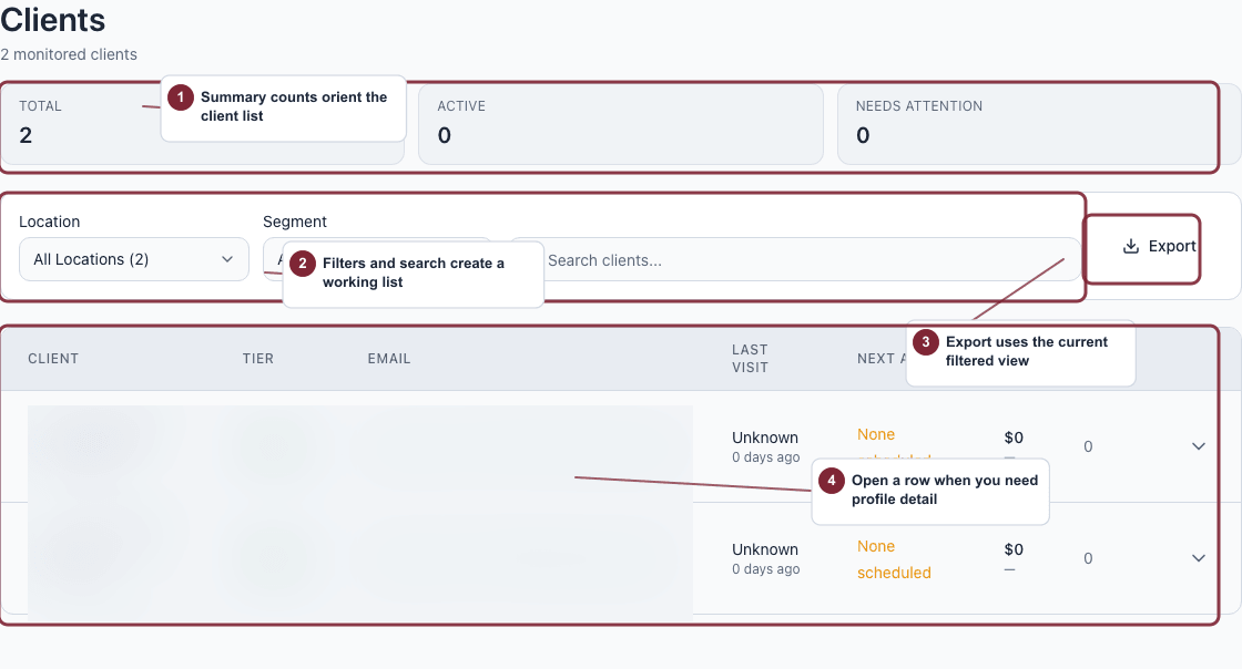 Clients list with summary counts, filters, export, and client rows highlighted.