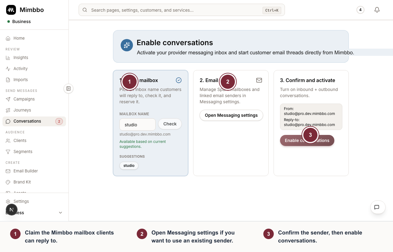 Enable conversations flow with Mimbbo mailbox, email sender, and confirmation steps.