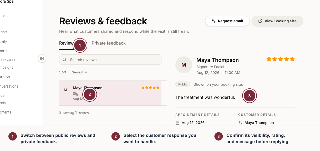 Reviews and feedback page with public and private tabs, review list, rating, message, and response action.