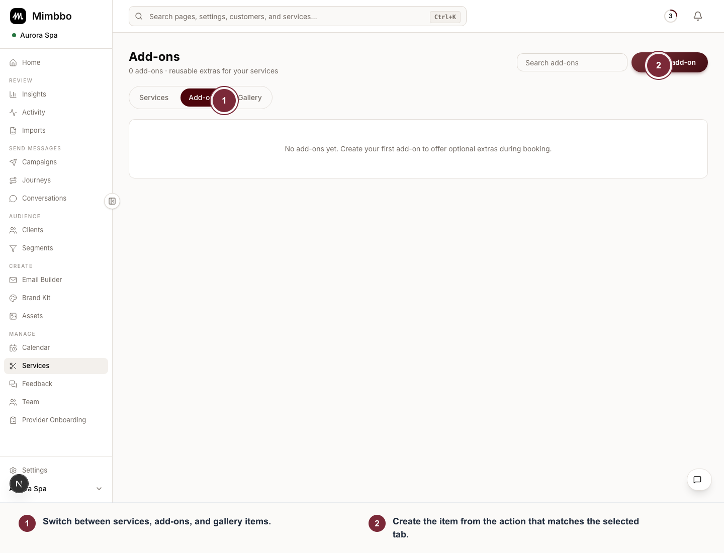 Services area with Services, Add-ons, and Gallery tabs plus the Add add-on action.
