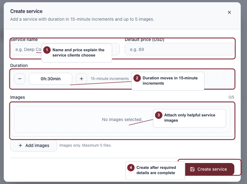 Create service modal with service name, price, duration, images, and create button highlighted.