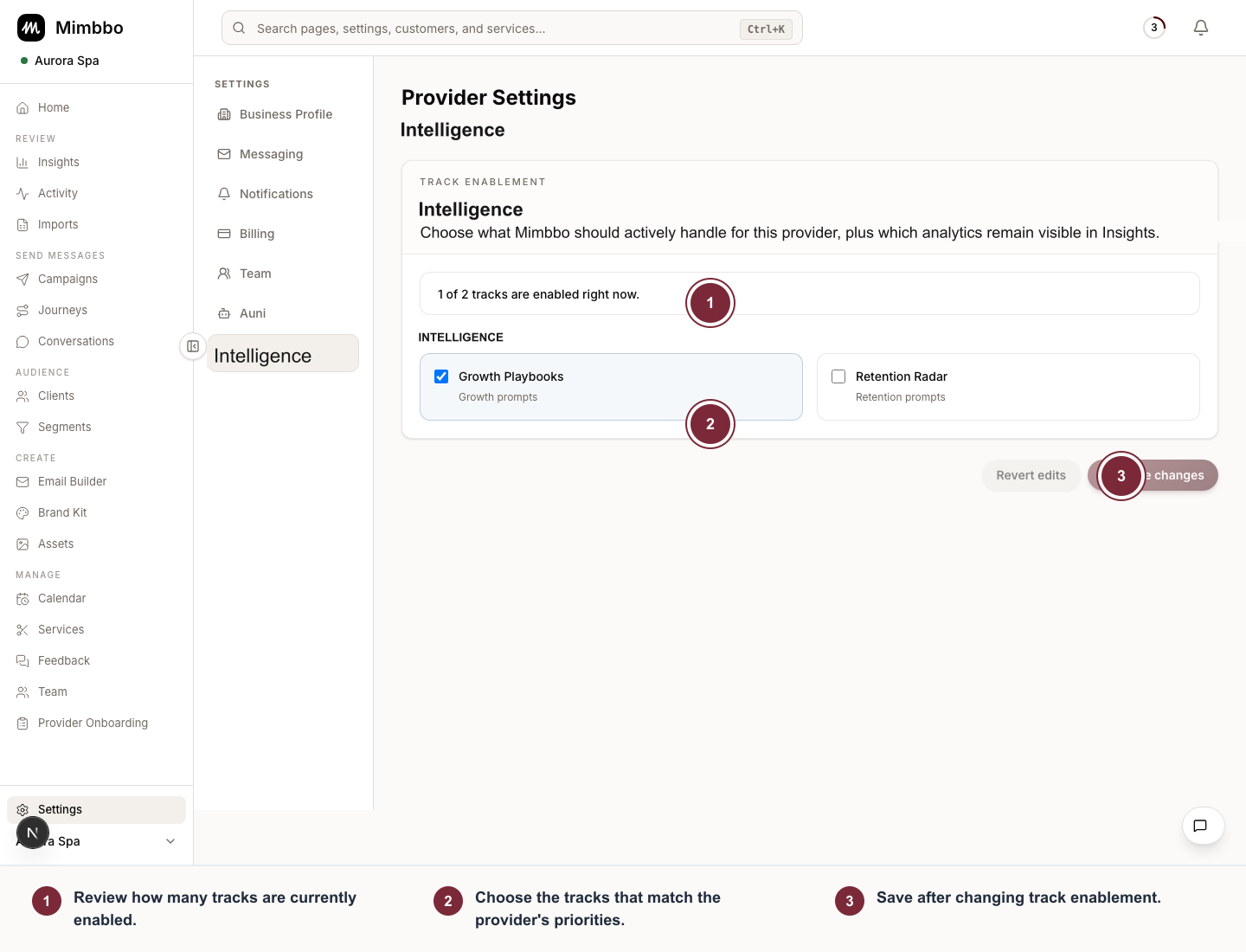 Intelligence settings with enabled-track count, available tracks, checkboxes, and save action.