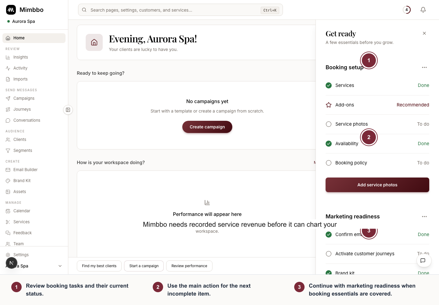 Get ready drawer with booking setup and marketing readiness tasks, statuses, and next action.